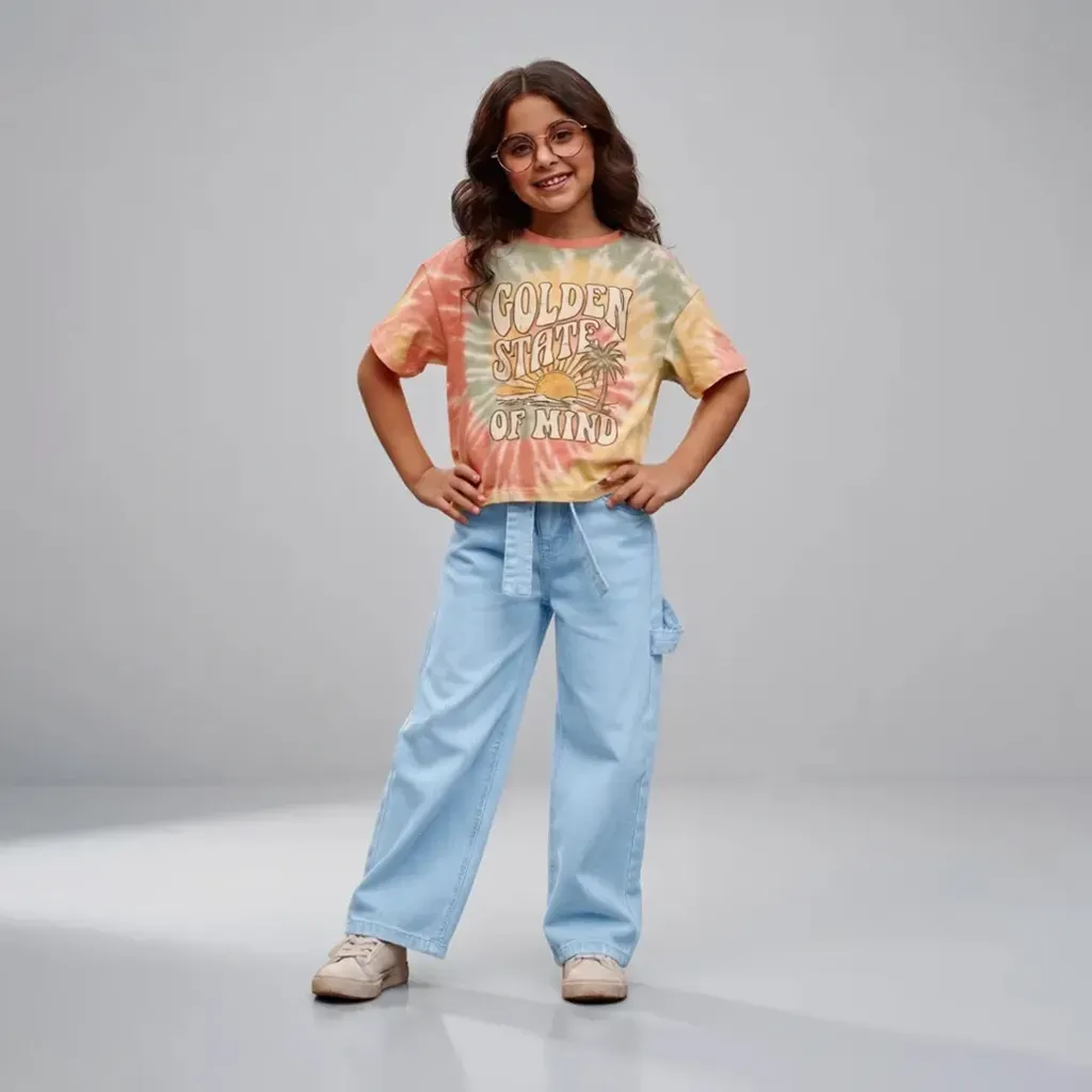Tween Girls Light Blue Wide-Leg Denim Jeans with Waist Belt