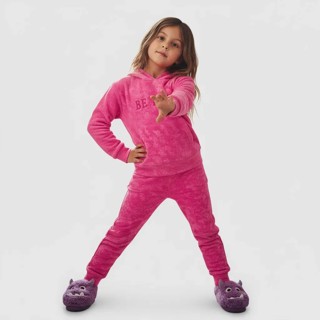 Girls' Simple Fleece-Lined Winter Pajama Set