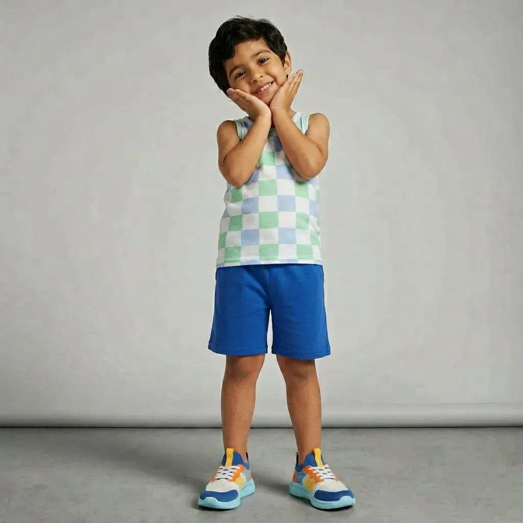 Kids summer cotton pajama set Green & Sky-Blue checkered Design
