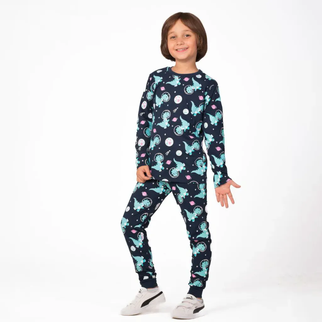 Kids Autumn cotton pajama set space dinosaur design
