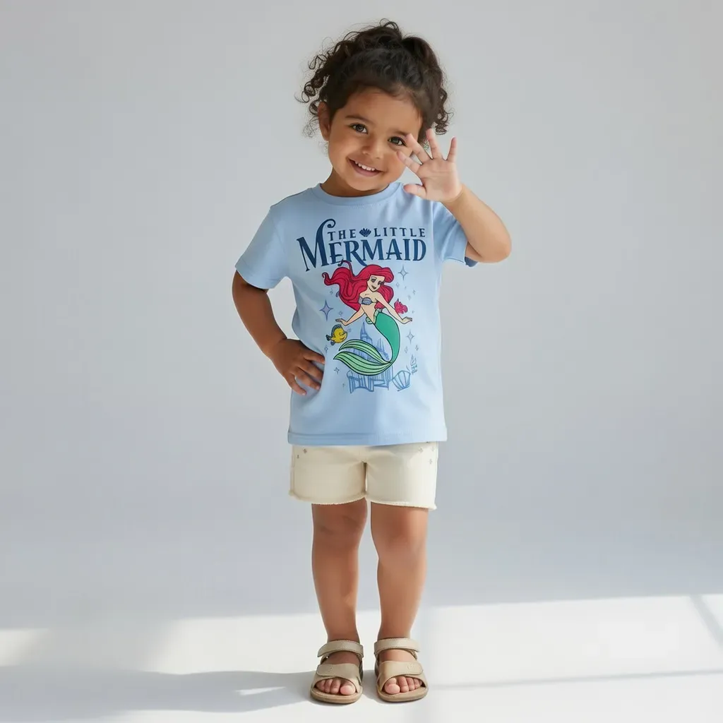 Girls Summer Cotton T-Shirt – Little Mermaid Print – Sky Blue