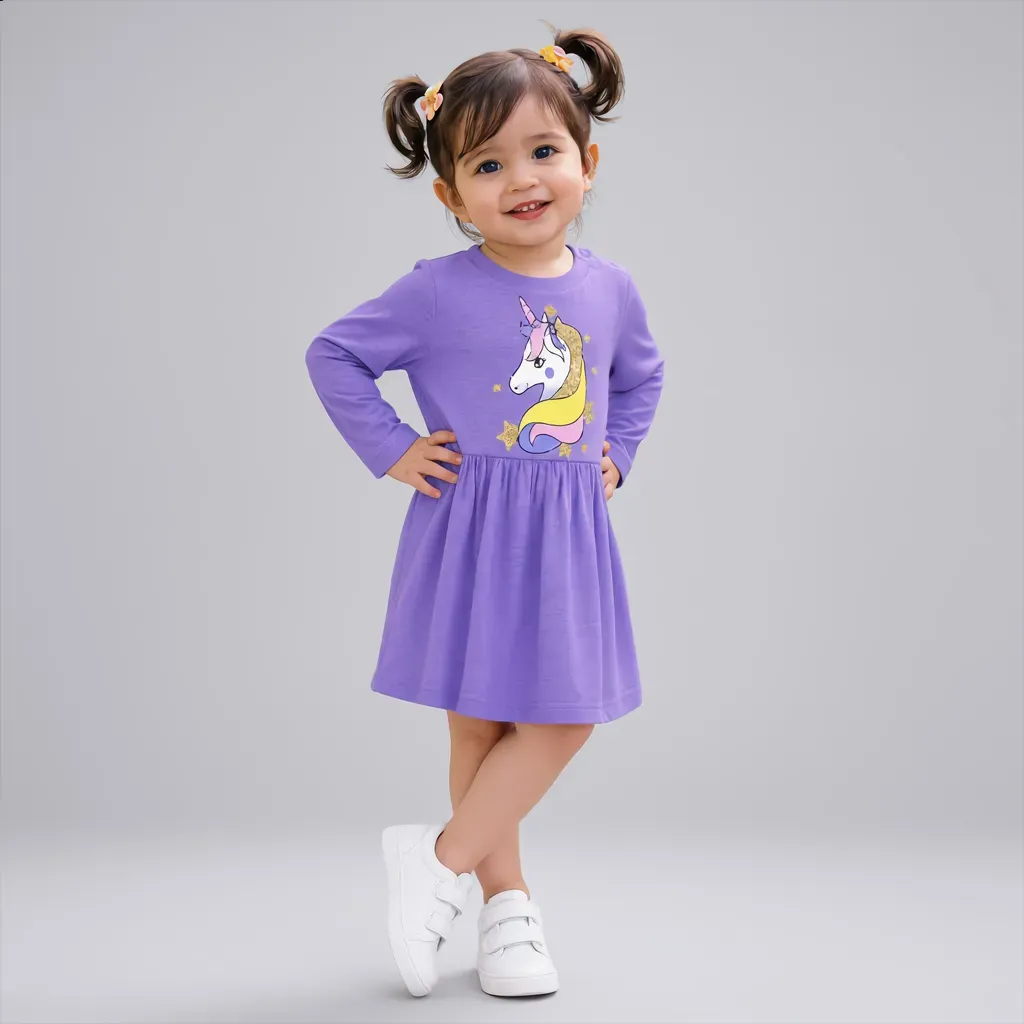 Toddler Girls' Purple Unicorn Long Sleeve Dress - Imported