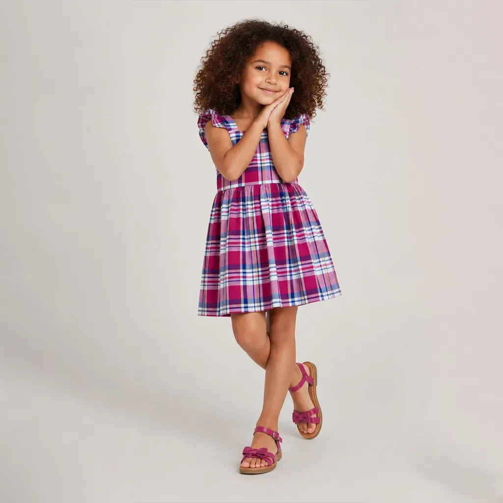 Colorful Summer Plaid Dress with Gathered Waist & Flared Skirt