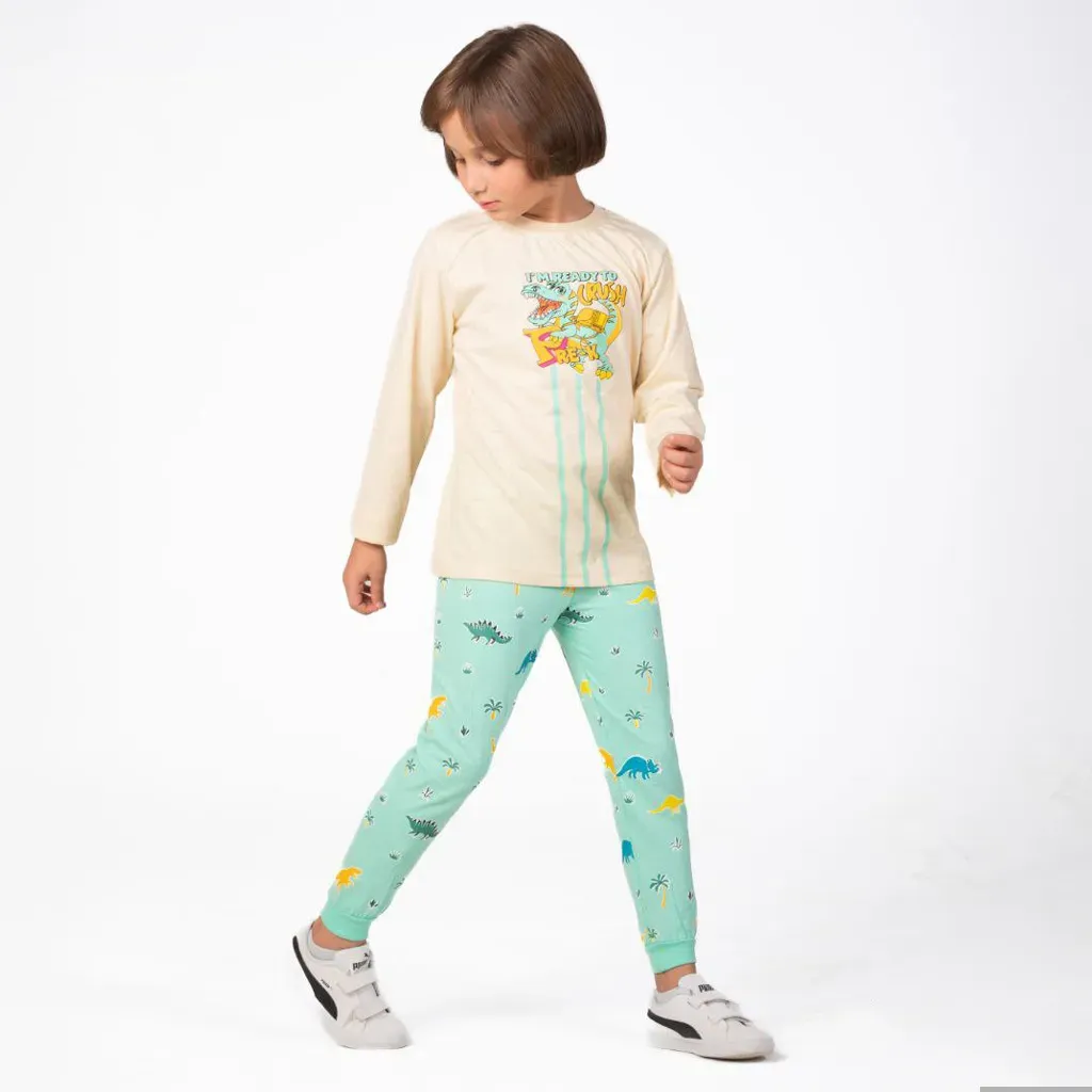 Boys Autumn Cotton Pajama Set Dinosaur Design Cozy Warm