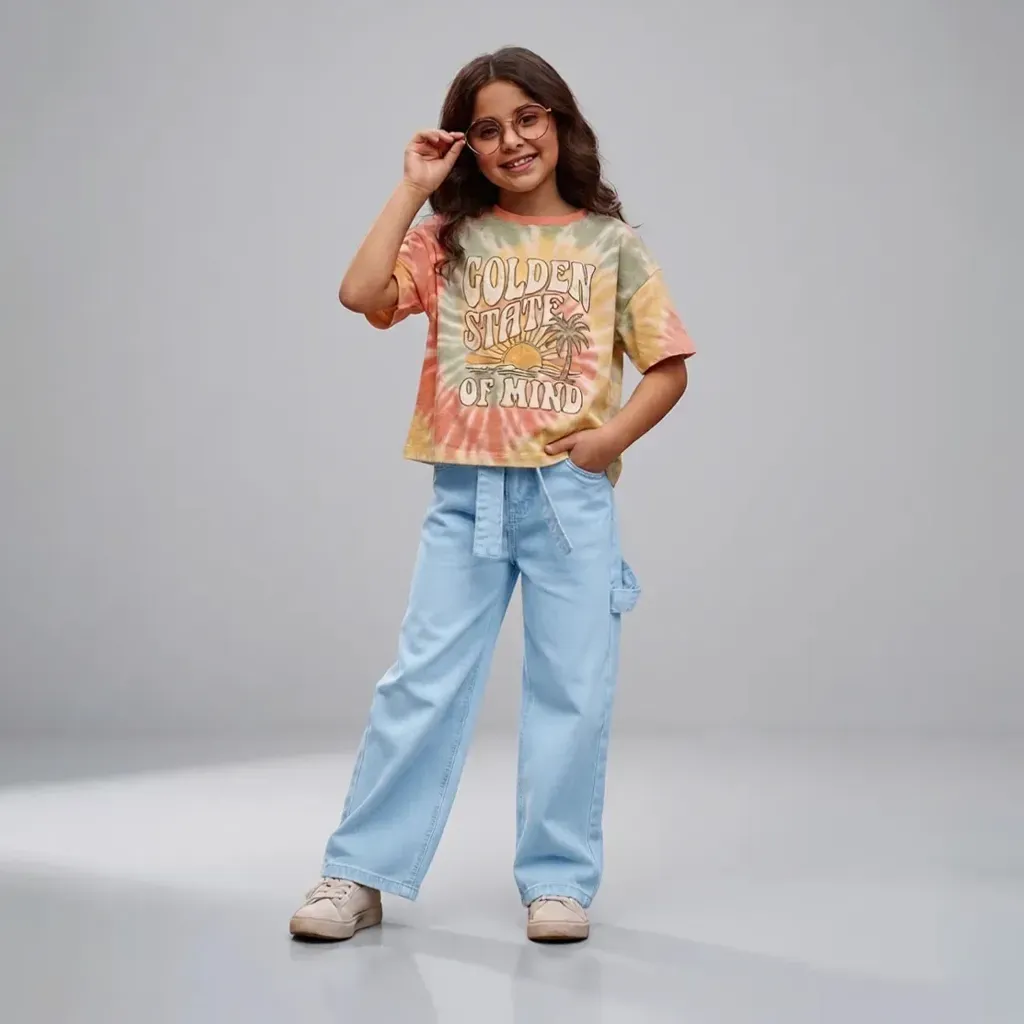 Tween Girls Light Blue Wide-Leg Denim Jeans with Waist Belt
