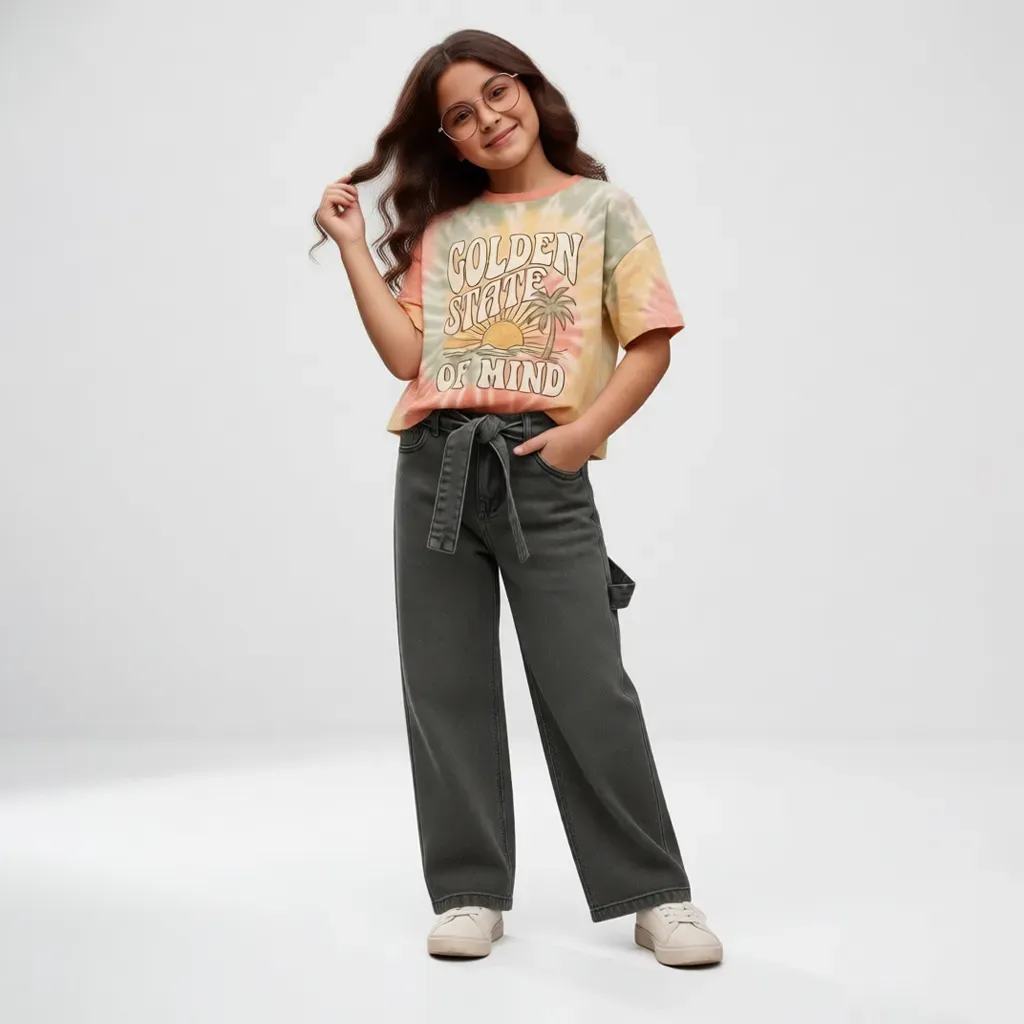 Tween Girls Gray Wide-Leg Denim Jeans with Waist Belt