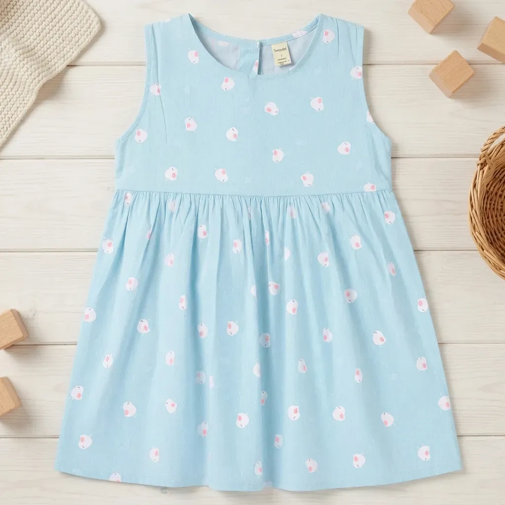 Sleeveless Light Blue Summer Printed Dress - Imported