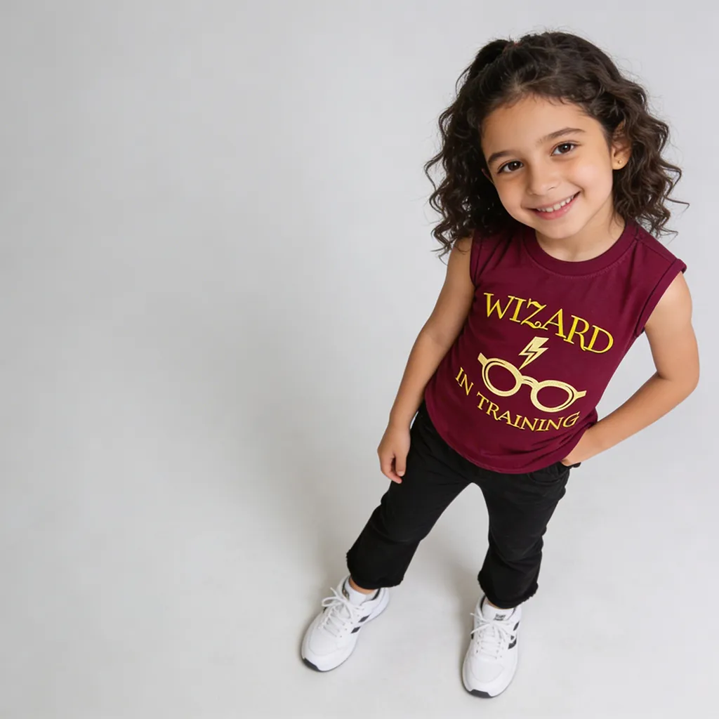 Girls Sleeveless Cotton Kids T-Shirt – Harry Potter Print – Burgundy