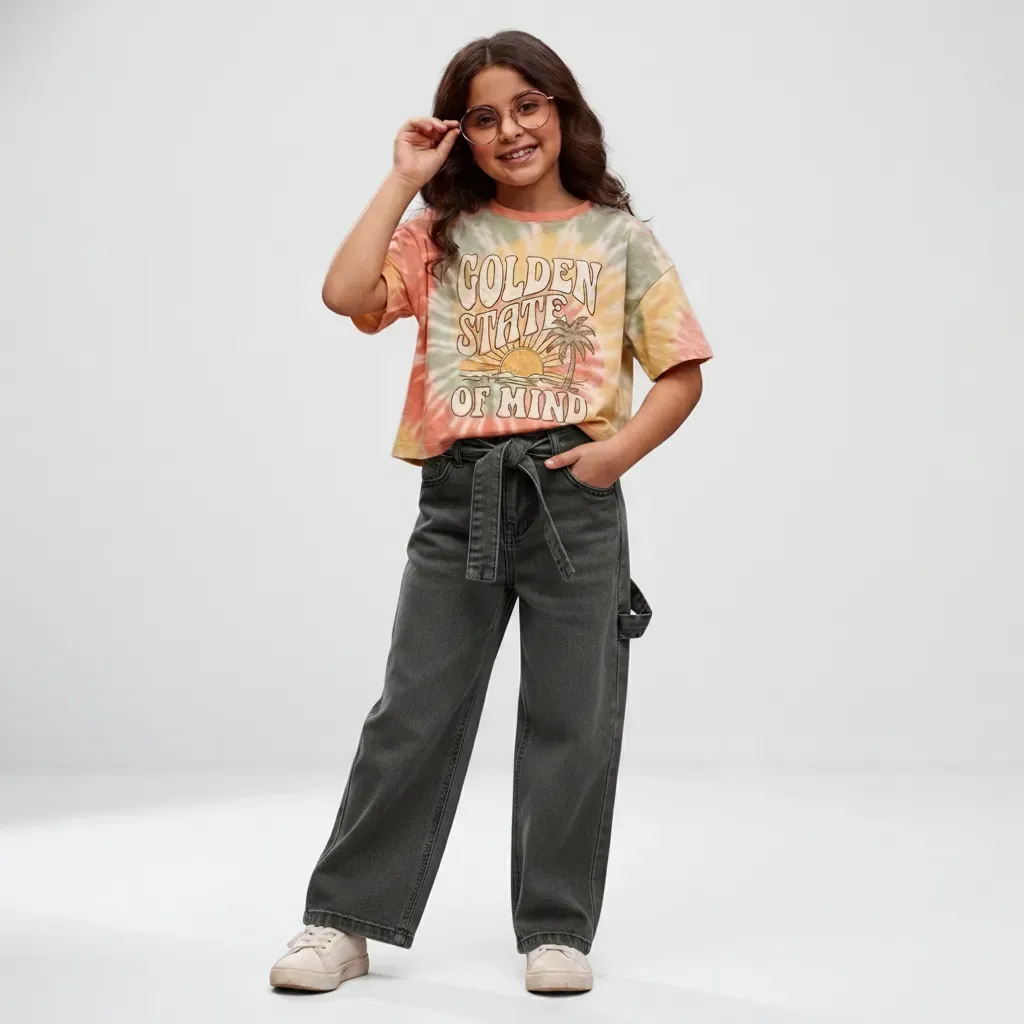 Tween Girls Gray Wide-Leg Denim Jeans with Waist Belt