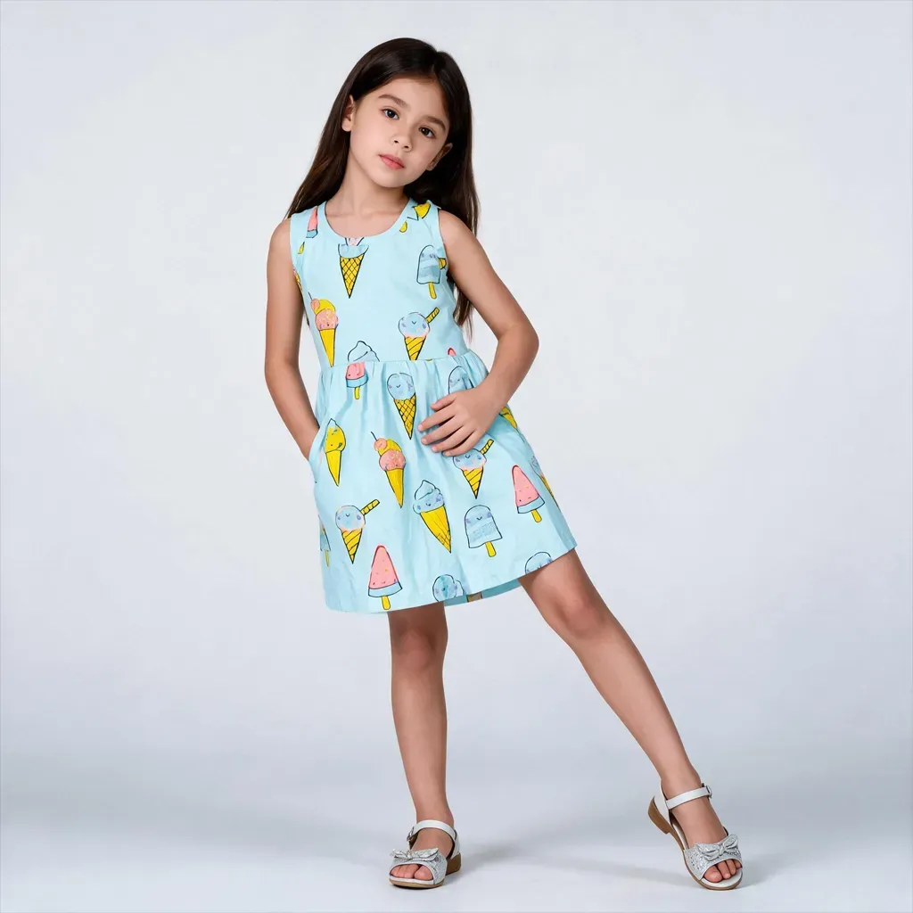 Cotton Dress with Colorful Ice Cream Print | Nebu Kids