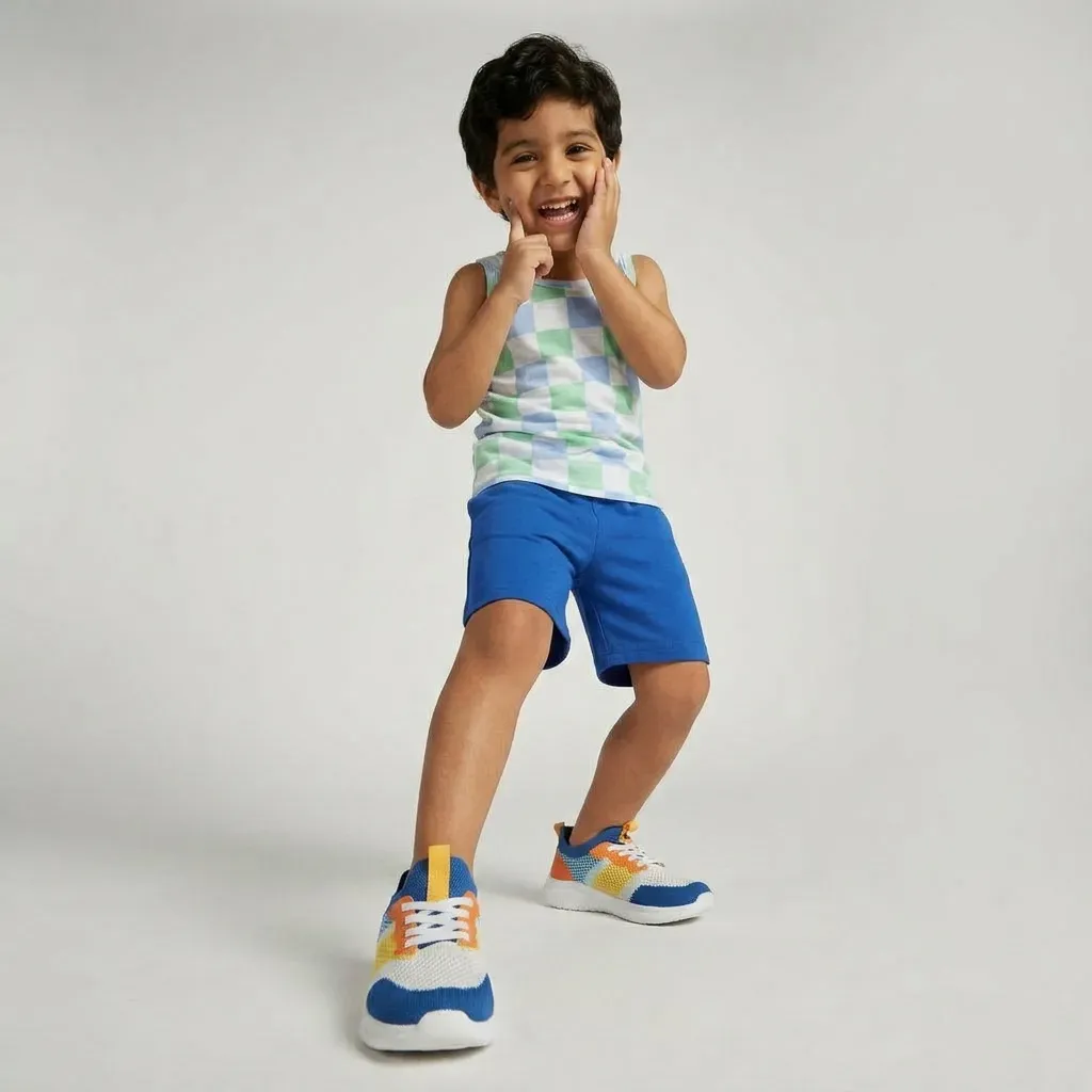 Kids summer cotton pajama set Green & Sky-Blue checkered Design