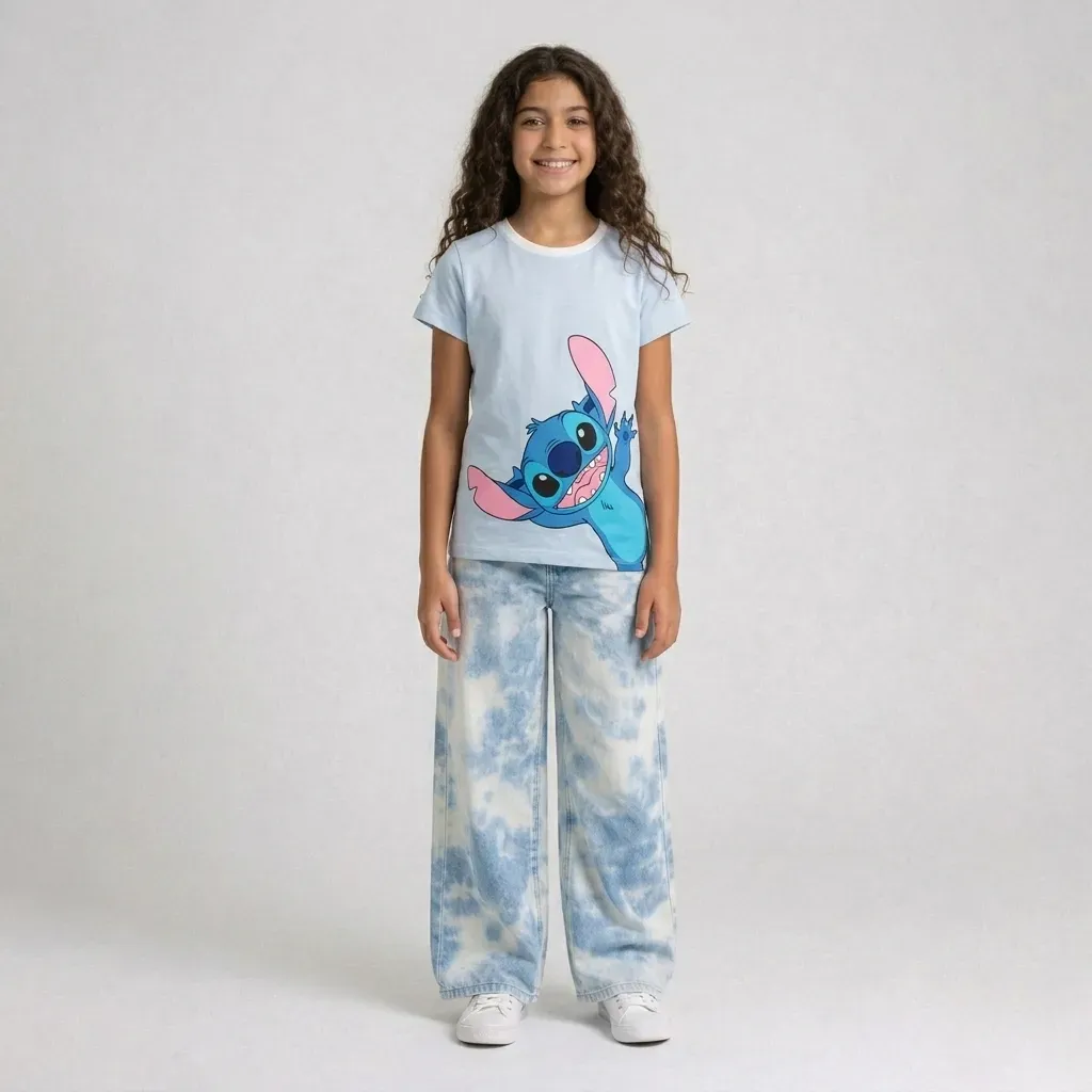 Girls Cotton Stitch T-Shirt  Slim Fit Light Blue