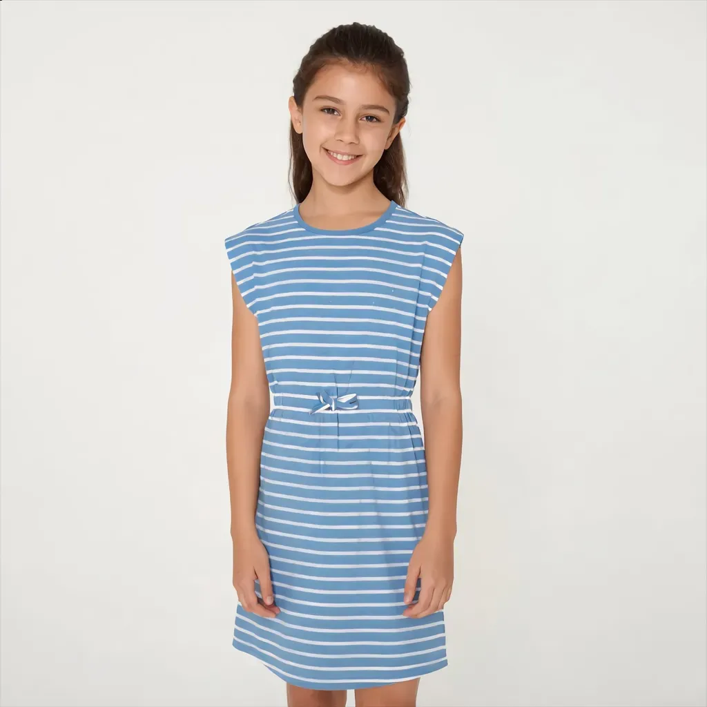 Blue & White Striped Dress with Waist Tie |  Kids' Outing Dress - Imported