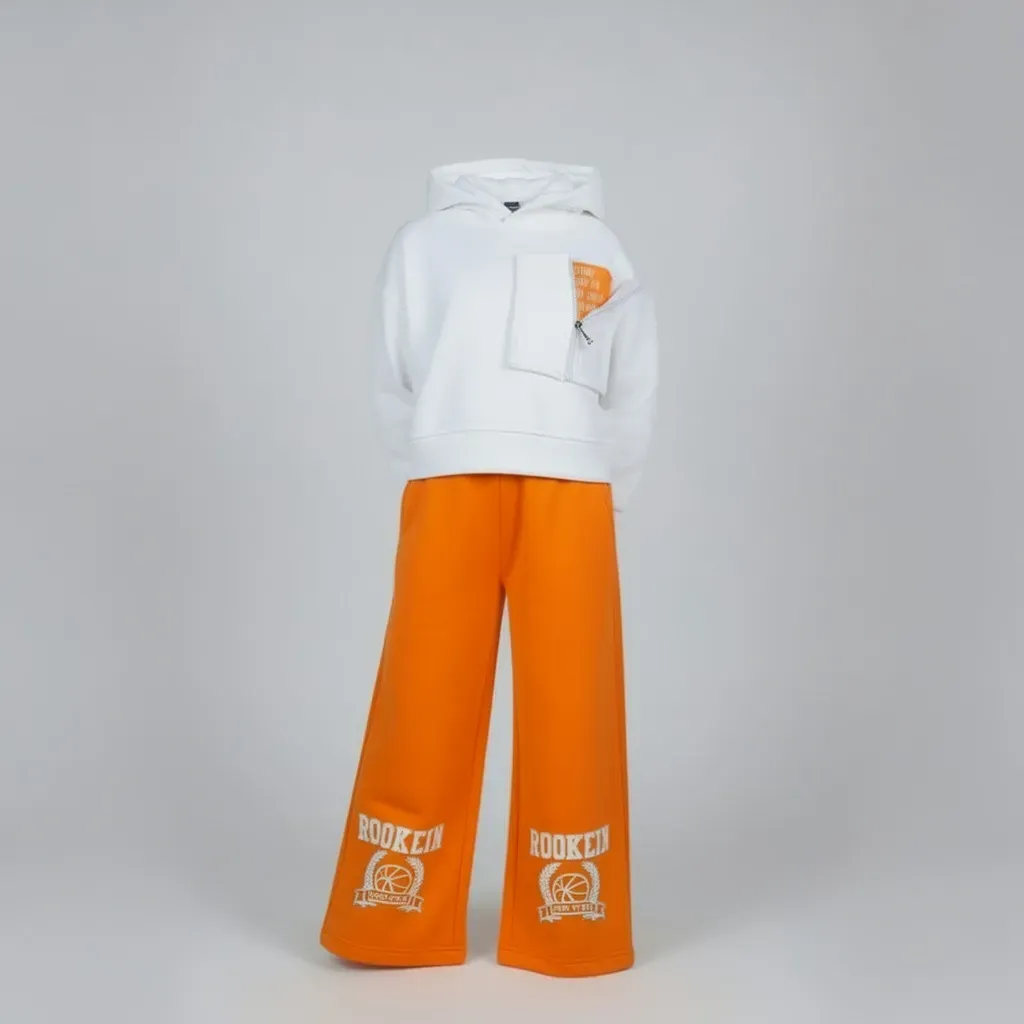 Girls' Winter Casual Set  White Front-Pocket Hoodie & WideLeg Pants