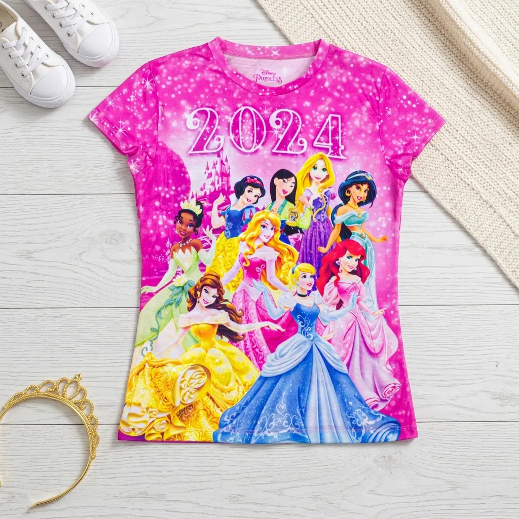 Girls Summer T-Shirt with All-Over Disney Print Pink | Nebu Kids