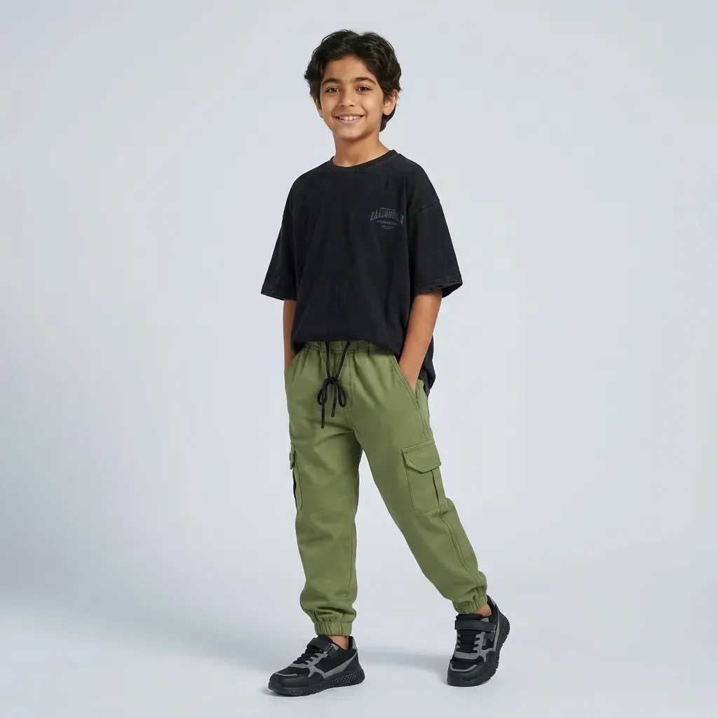 Gabardine pants for Boys baggy design color Olive