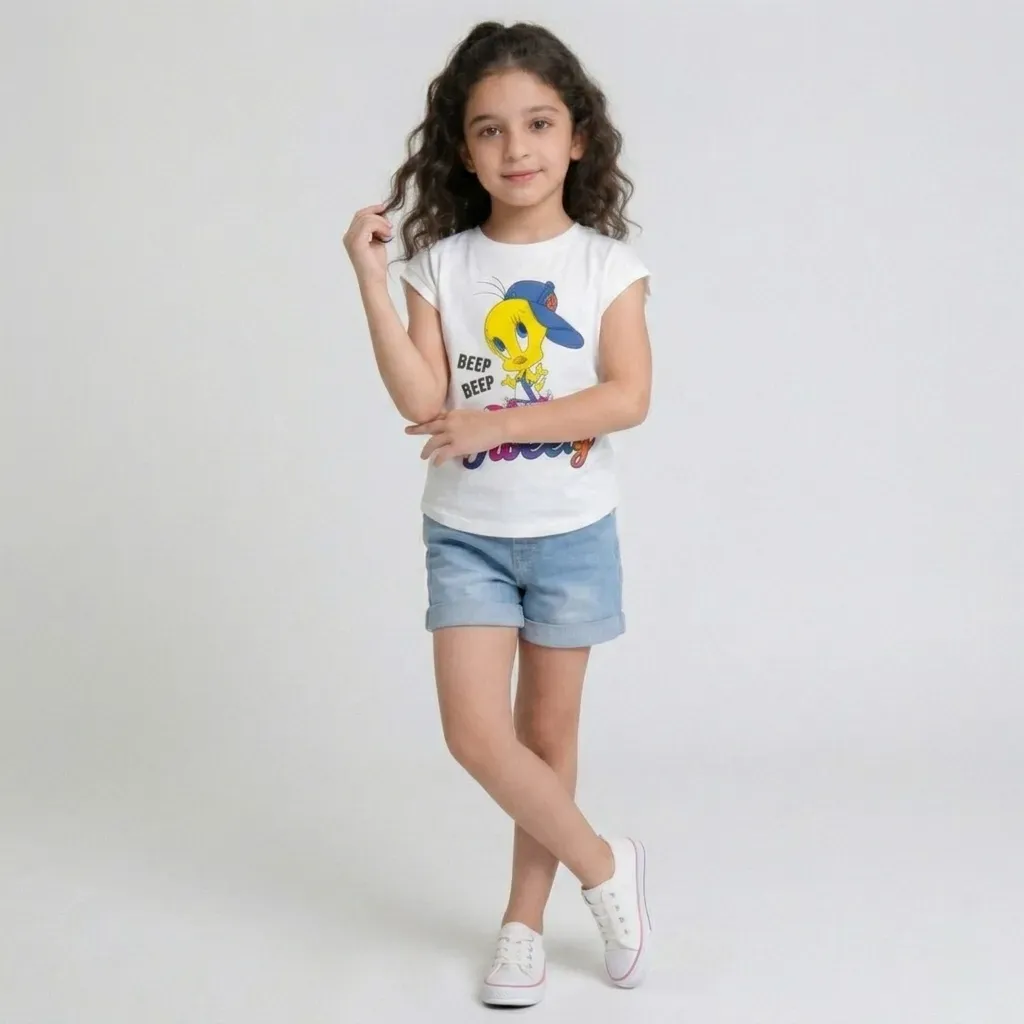 Girls Cotton Sleeveless Oval Tweety Cut T-Shirt – White