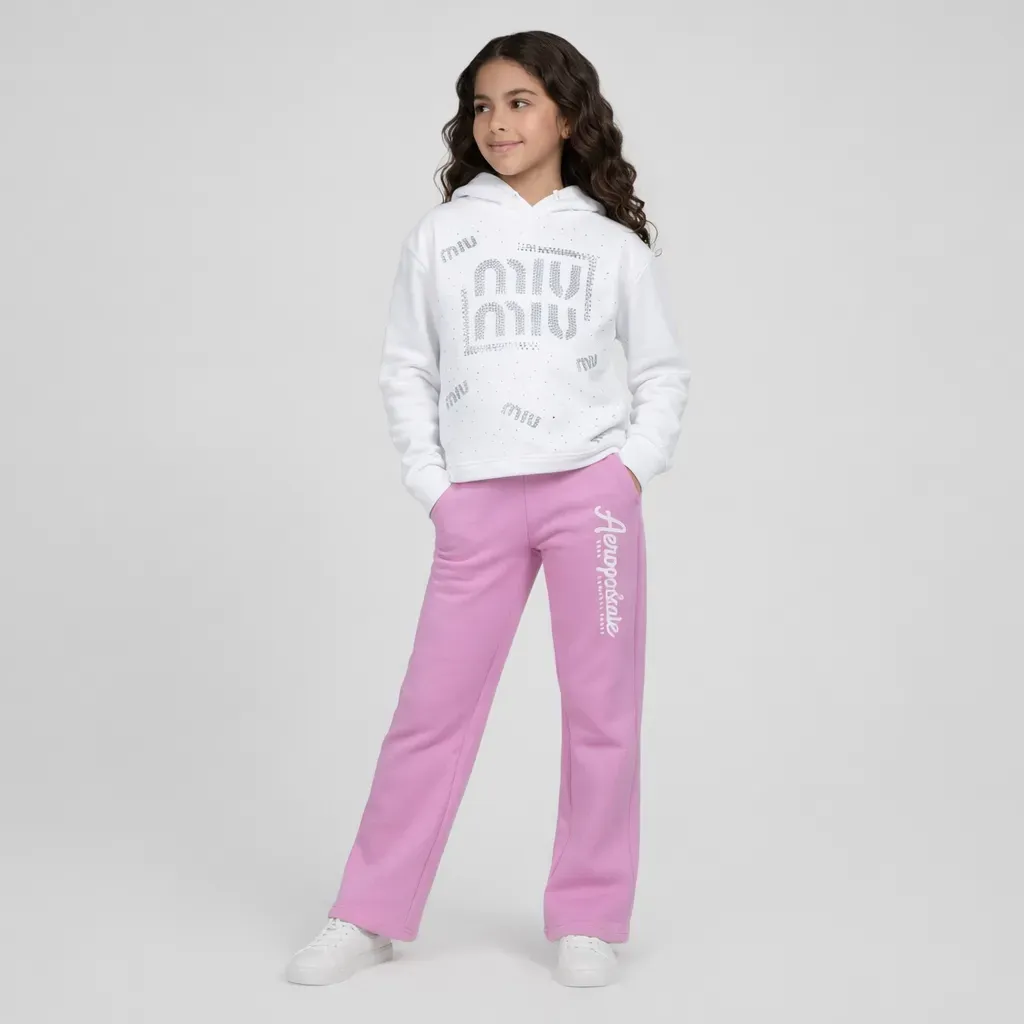 Girls' White Winter Hooded T shirt With Glittery Print