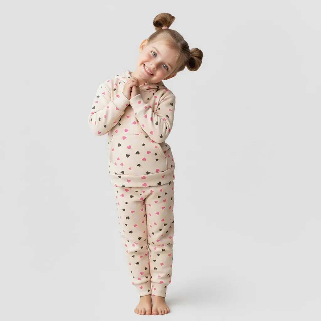 Girls Winter Fleece Lined Heart Hooded Pyjamas