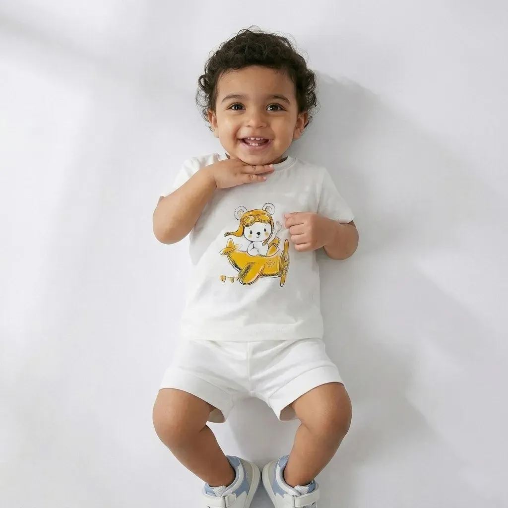 Infant summer cotton Pajama Set – Bear Design for (Boys & Girls) white