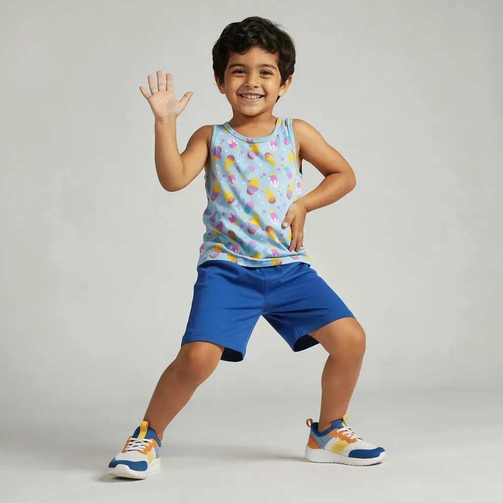 Kids summer home set sleeveless top & shorts with Ice Cream print sky blue with blue shorts