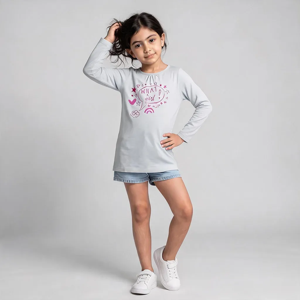 Girls' grey long-sleeve cotton graphic t-shirt