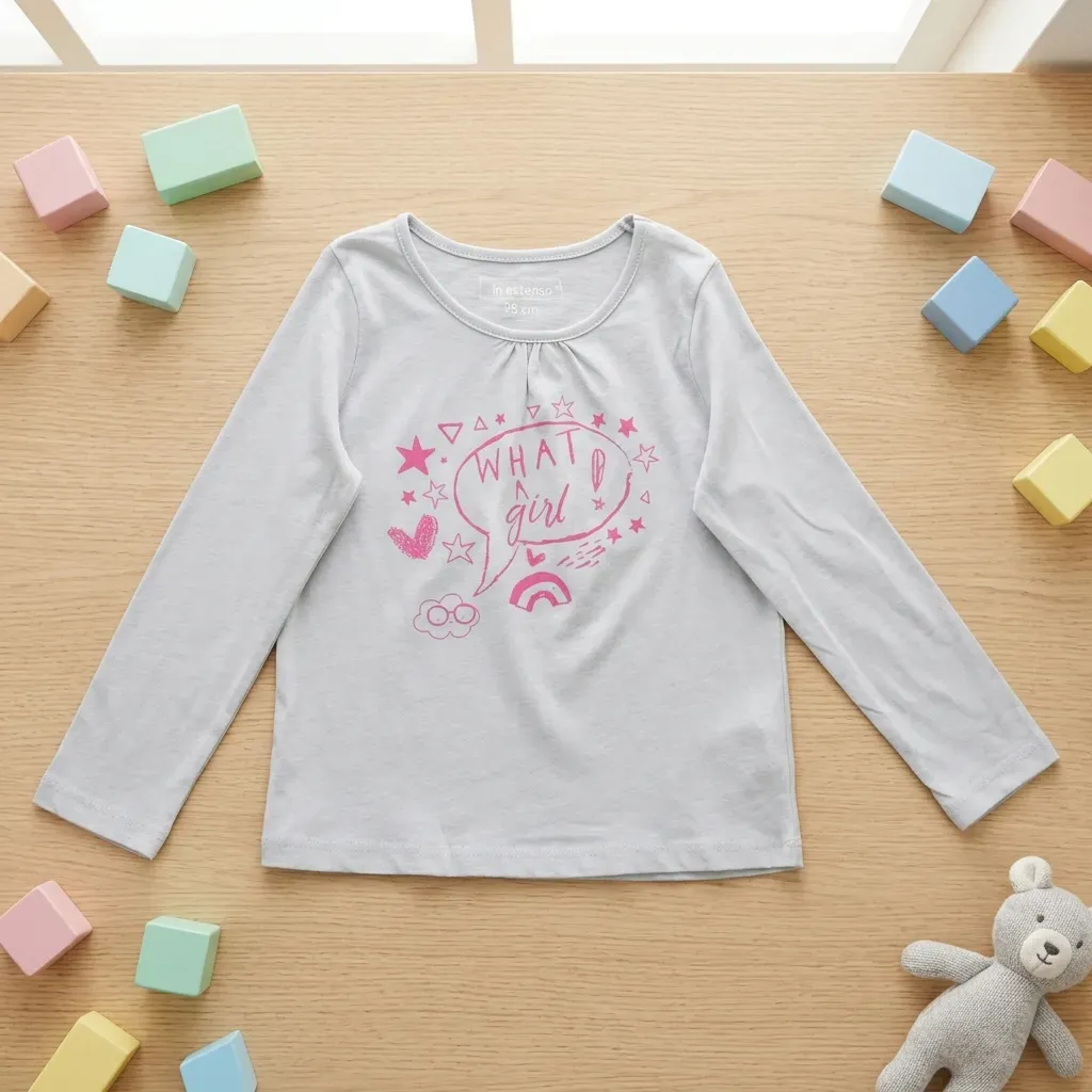 Girls' grey long-sleeve cotton graphic t-shirt