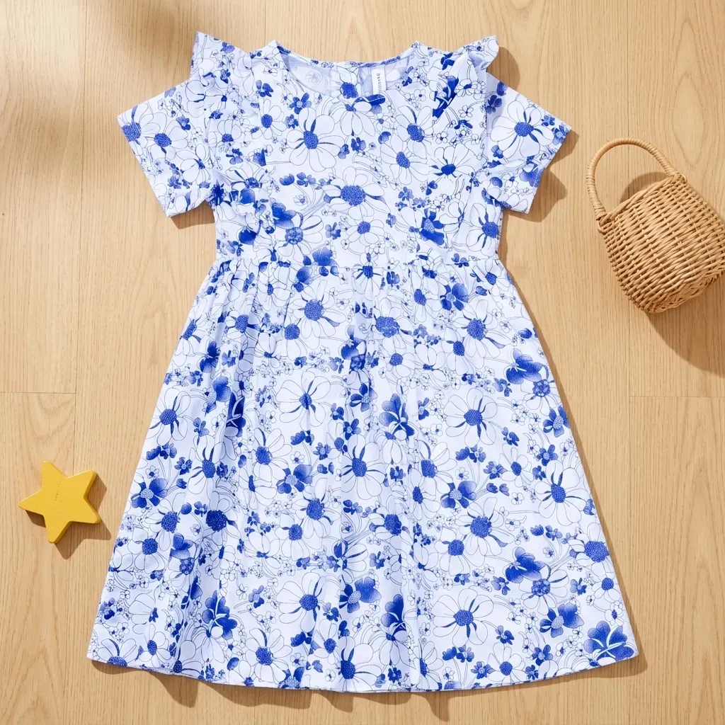 White & Blue Floral Dress with Ruffled Sleeves - Imported