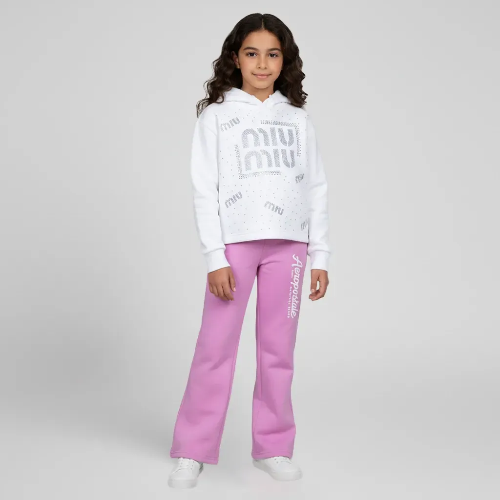 Girls' White Winter Hooded T shirt With Glittery Print
