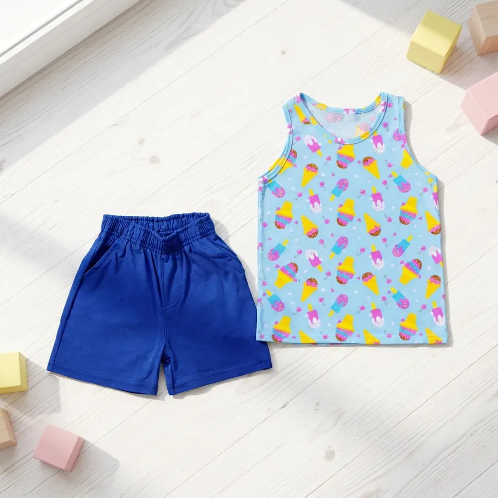 Kids summer home set sleeveless top & shorts with Ice Cream print sky blue with blue shorts