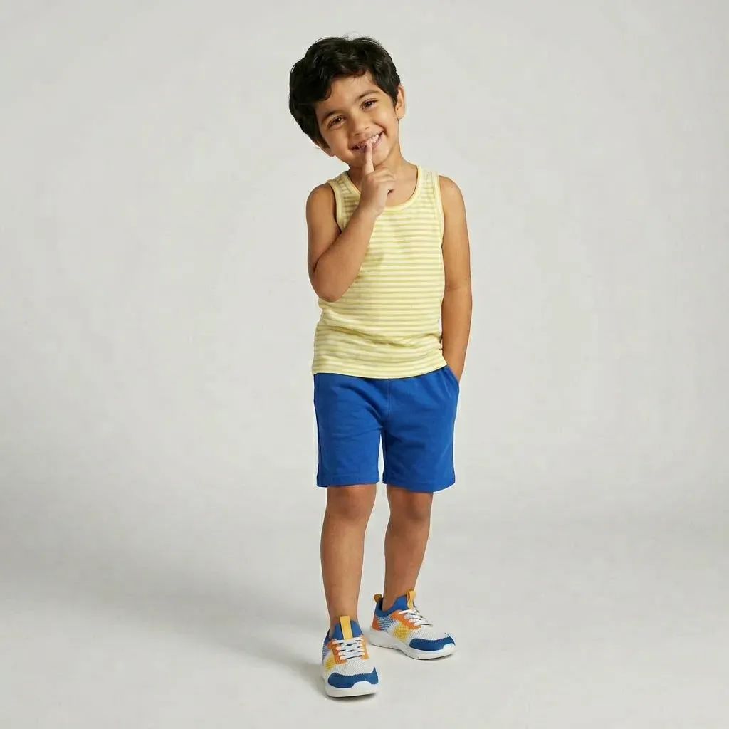 Kids summer cotton pajama set Yellow & White sleeveless with shorts (boy & girl)