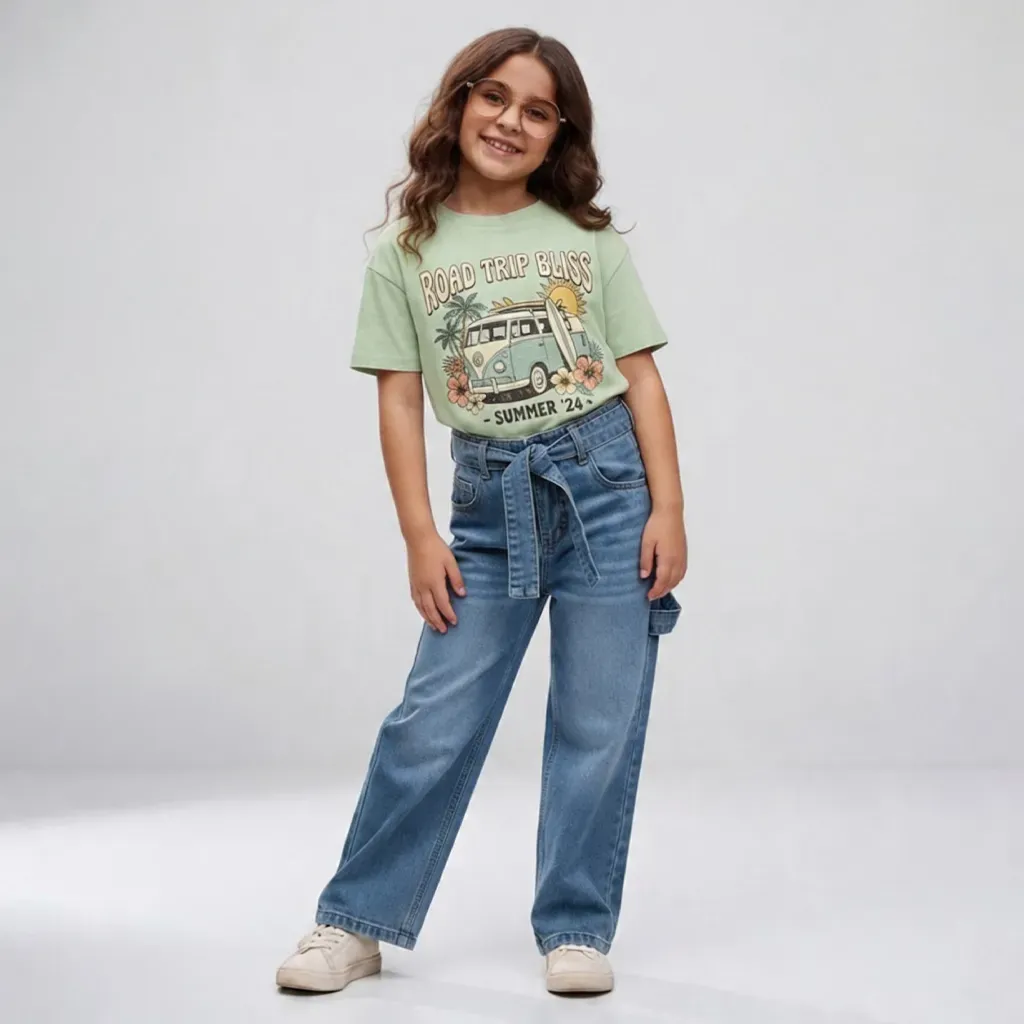 Tween Girls Blue Wide-Leg Denim Jeans with Waist Belt