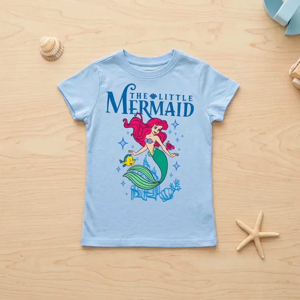 Girls Summer Cotton T-Shirt – Little Mermaid Print – Sky Blue