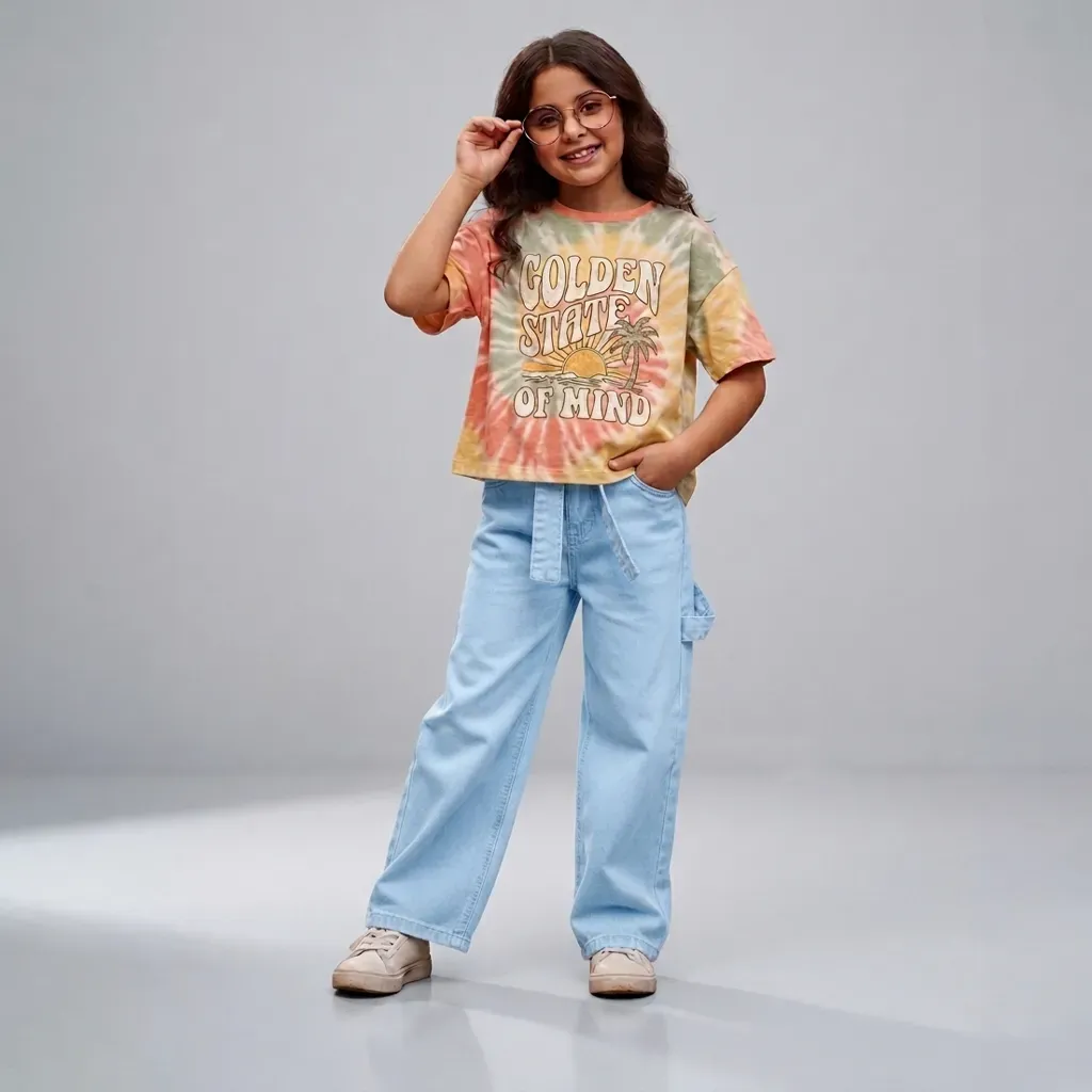 Tween Girls Light Blue Wide-Leg Denim Jeans with Waist Belt