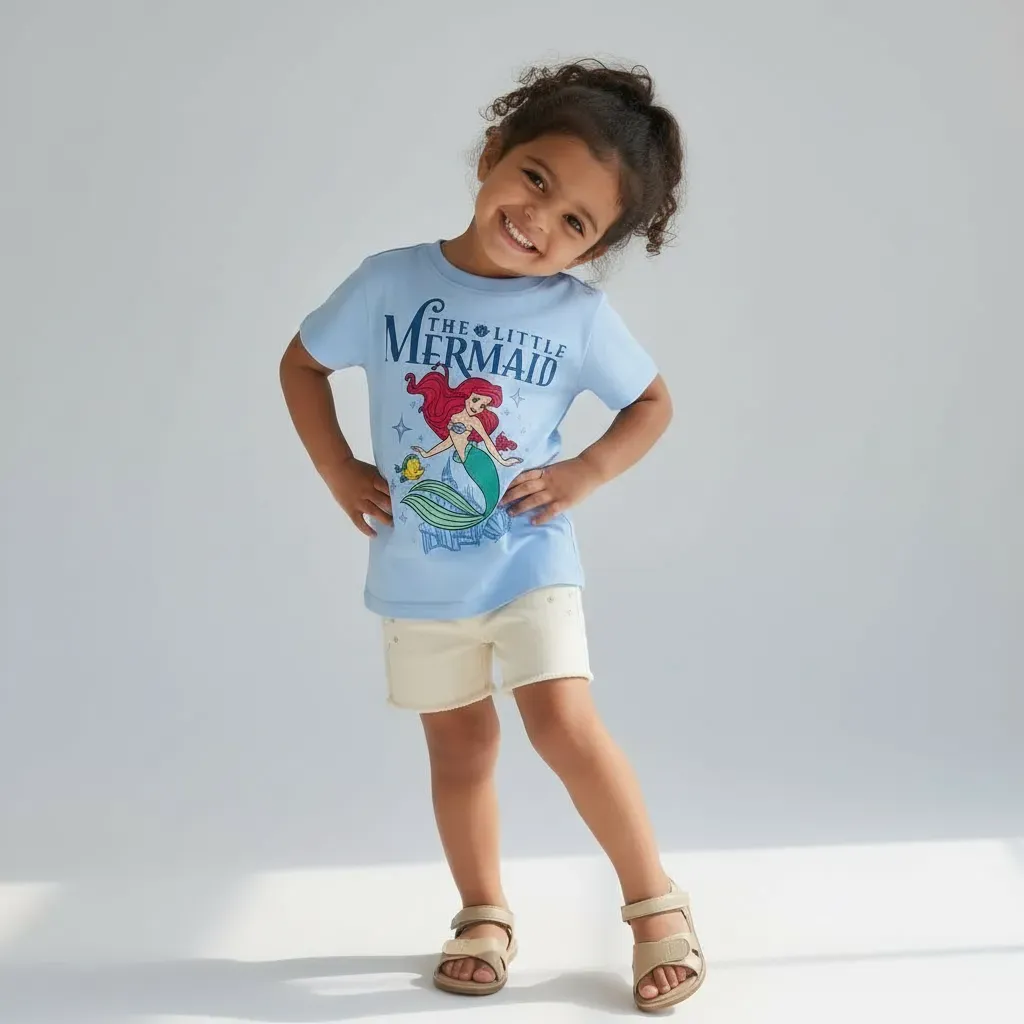 Girls Summer Cotton T-Shirt – Little Mermaid Print – Sky Blue