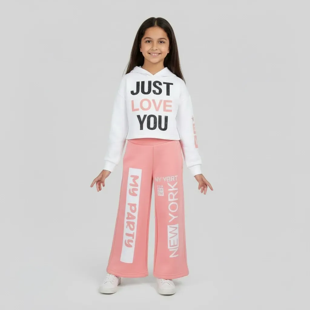 Girls' Trendy Winter Outfit Printed Crop Hoodie with Wide Leg Pants