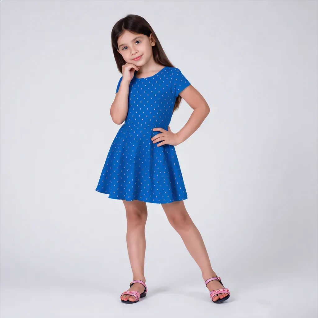 Girls' Printed Royal Blue Outing Dress - Imported