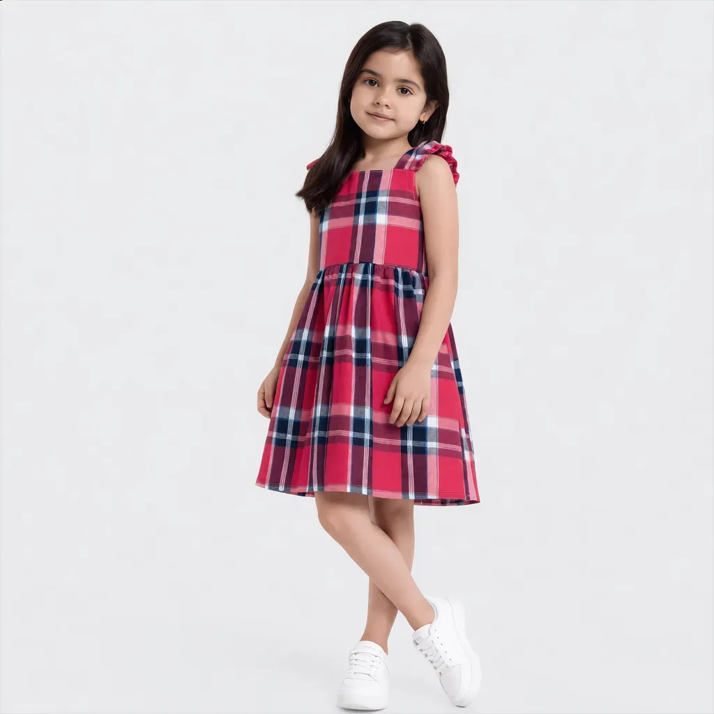 Fuchsia Plaid Summer Ruffled Dress - Imported