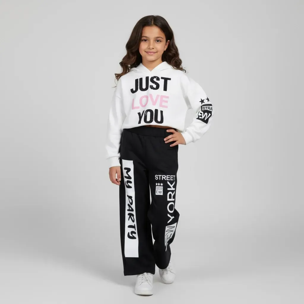 Girls' Trendy Winter Outfit Printed Crop Hoodie with Wide Leg Pants