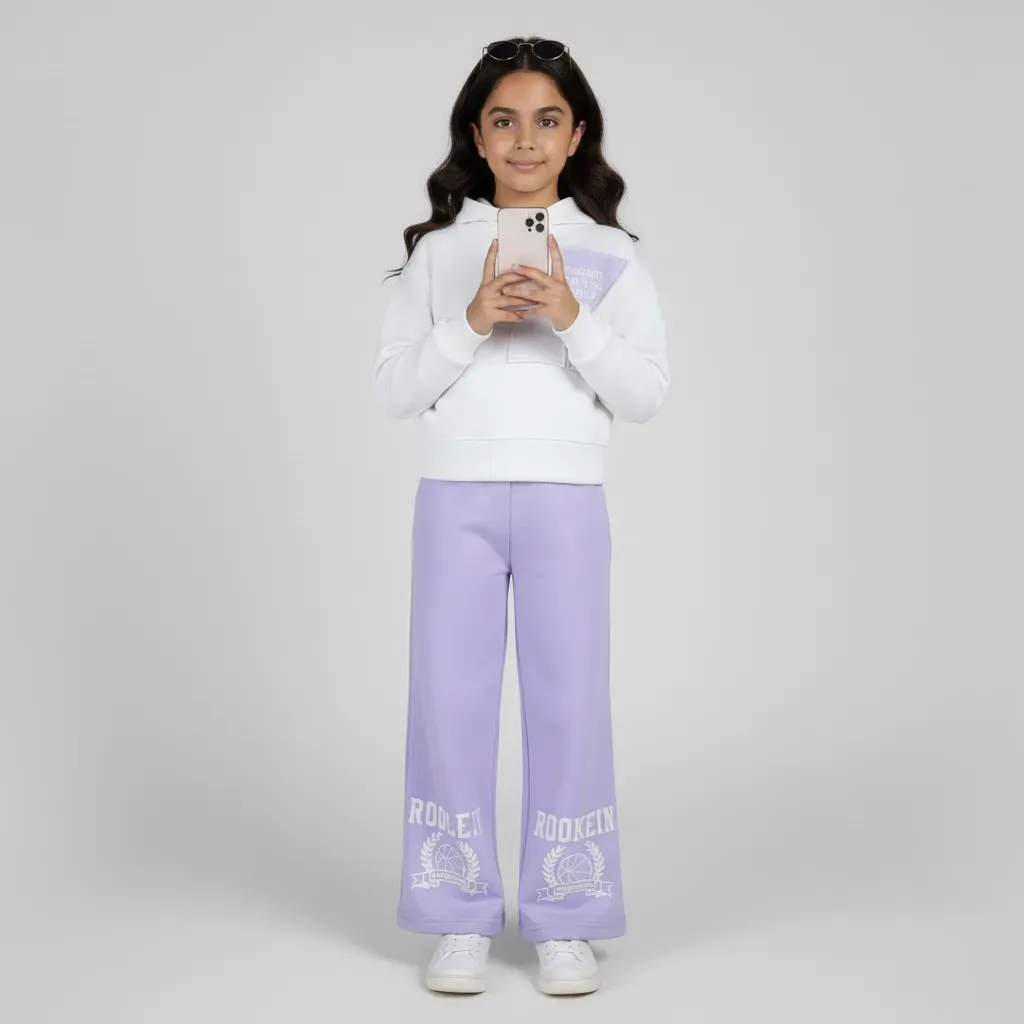 Girls' Winter Casual Set  White Front-Pocket Hoodie & WideLeg Pants