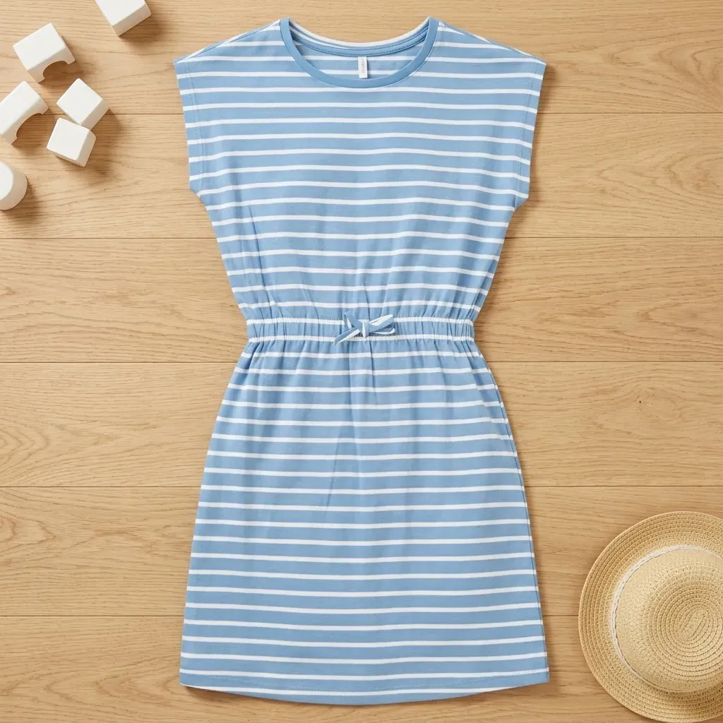 Blue & White Striped Dress with Waist Tie |  Kids' Outing Dress - Imported