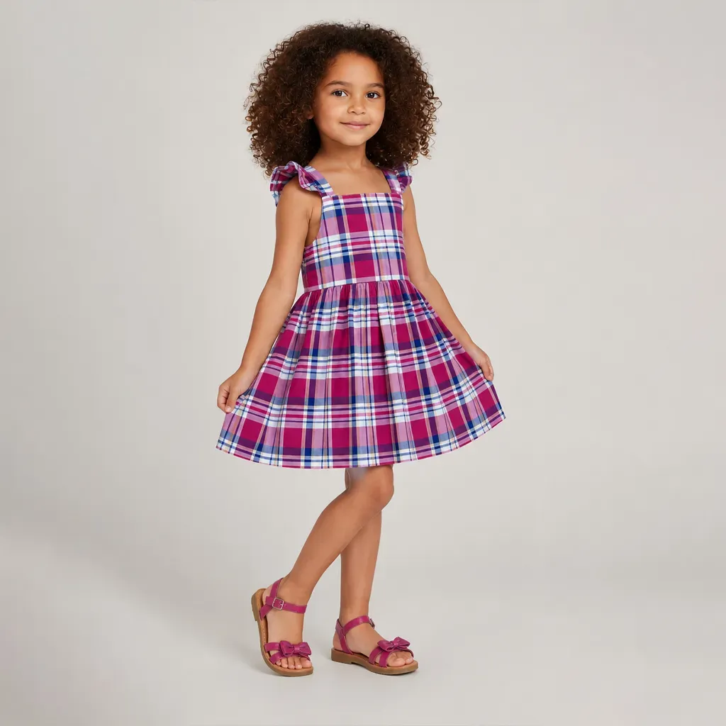 Colorful Summer Plaid Dress with Gathered Waist & Flared Skirt