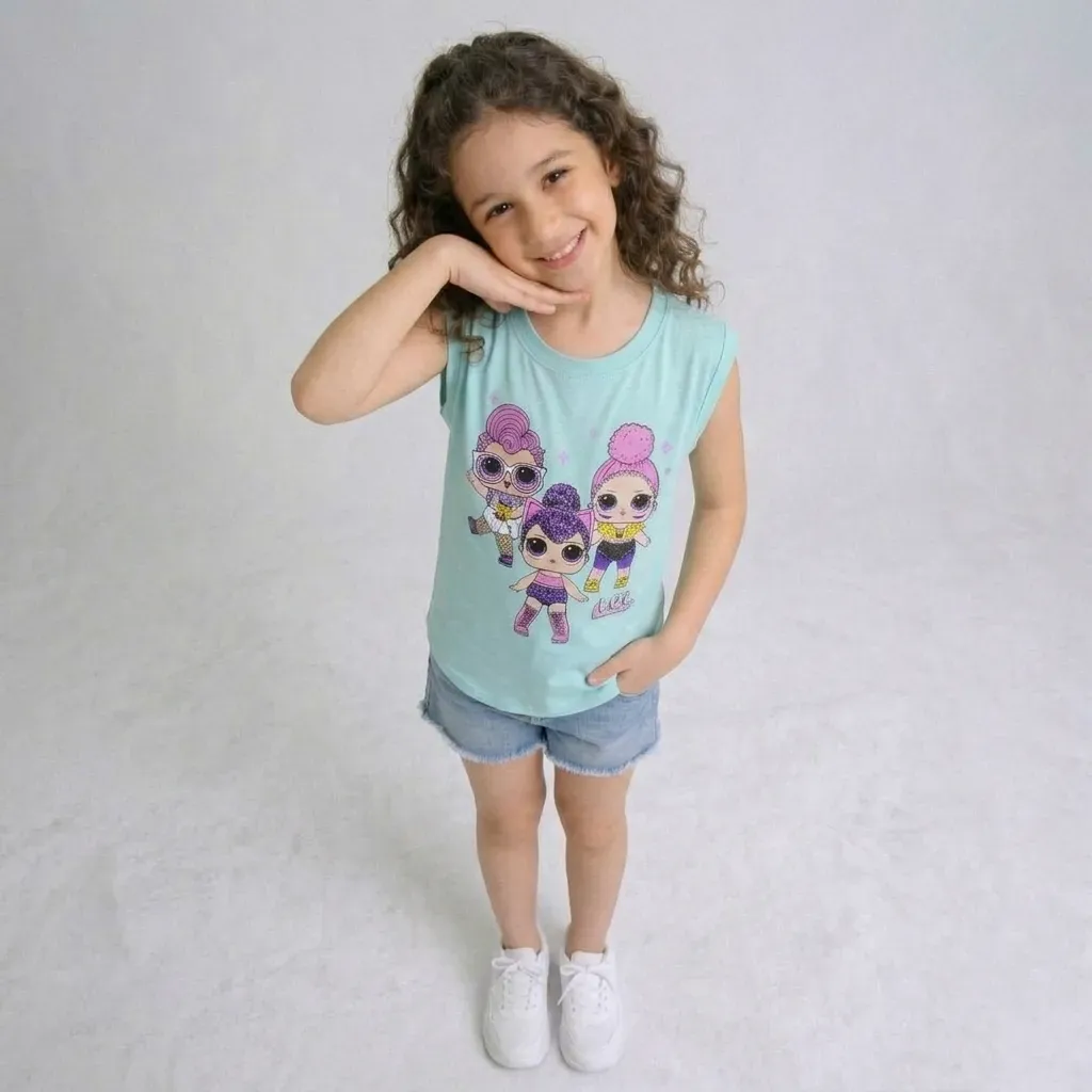 Girl Sleeveless Cotton Oval-Cut T-Shirt Sky Blue (Light Blue)