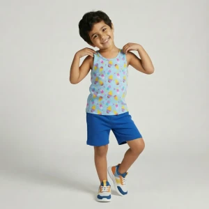 Kids summer home set sleeveless top & shorts with Ice Cream print sky blue with blue shorts