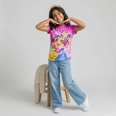Girls Summer T-Shirt with All-Over Disney Print Pink | Nebu Kids