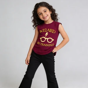 Girls Sleeveless Cotton Kids T-Shirt – Harry Potter Print – Burgundy
