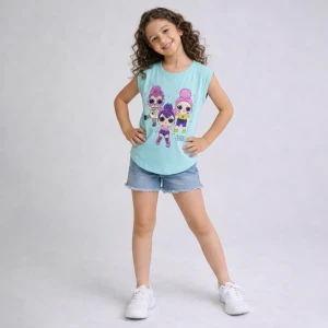 Girl Sleeveless Cotton Oval-Cut T-Shirt Sky Blue (Light Blue)