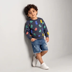 Imported baby boys' fleece-lined dinosaur winter t shirt Dark Navy