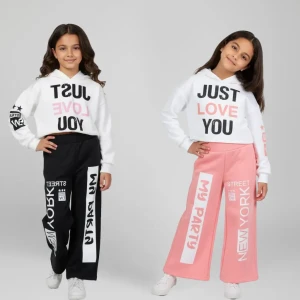Girls' Trendy Winter Outfit Printed Crop Hoodie with Wide Leg Pants