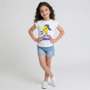 Girls Cotton Sleeveless Oval Tweety Cut T-Shirt – White